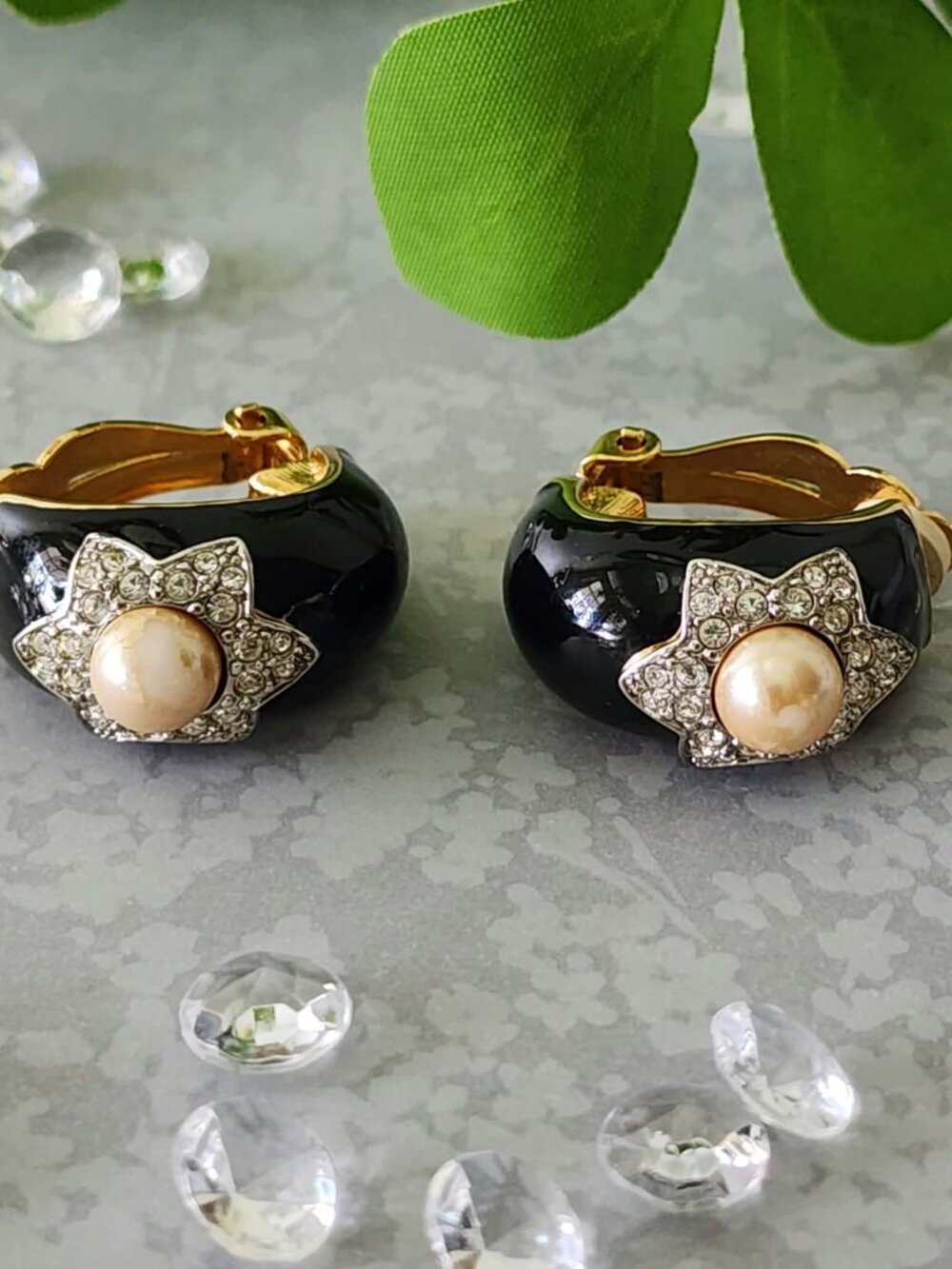 Vintage Signed Weingeroff Gold Tone Rhinestone Black Enamel Clip Earrings